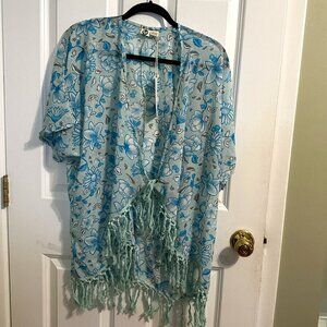 NWT LAGACI Swimsuit cover up KIMONO Blue and white short sleeve Fringes ONE SIZE